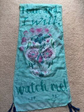 Boho Skull Scarf “I Can And I Will Watch Me” Tassel Wrap Blue Floral Sugar Skull